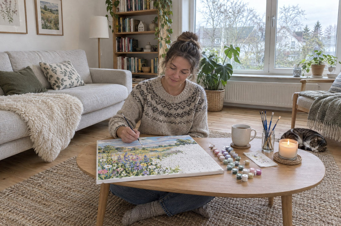 Kvinna som målar efter nummer vid soffbordet