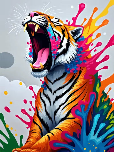 Rytande tiger i färgstänk – måla efter nummer-motiv