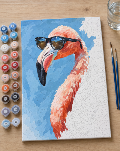 Flamingo med solglasögon – halvmålad duk med numrerade färger