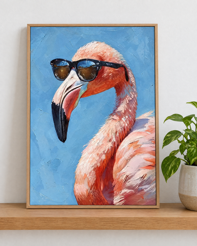 Flamingo med solglasögon – färdig tavla i ram på väggen