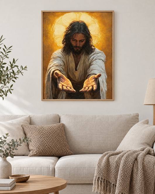 Jesus med öppna händer – färdig tavla i ram på väggen