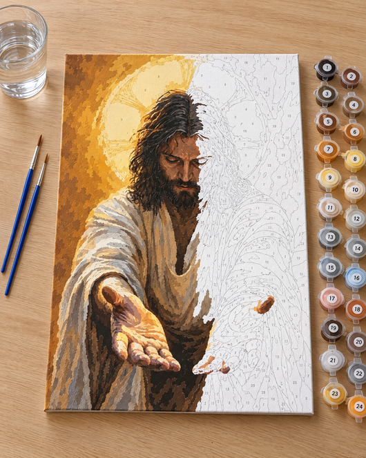 Jesus med öppna händer – halvmålad duk med numrerade färger